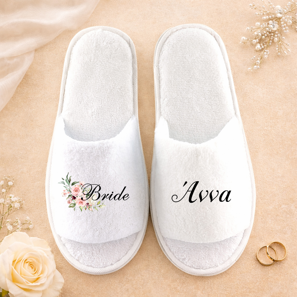 Νυφικές παντόφλες Bride με όνομα και floral pink σχέδιο