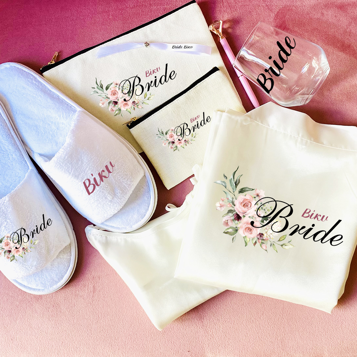 BD Νυφικό σετ προετοιμασίας γάμου, με ρόμπα και νυχτικό – Floral Pink Bride